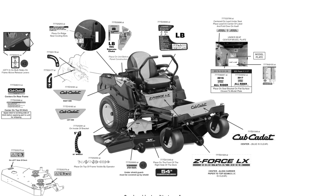 Label Map Diagram and Parts List for Z-FORCELX54KW (17AIDAUC010)(2017) Cub Cadet Lawn Tractor